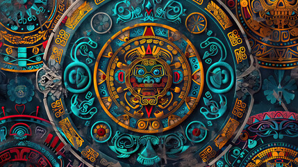 vintage colorful ancient Aztec calendar.