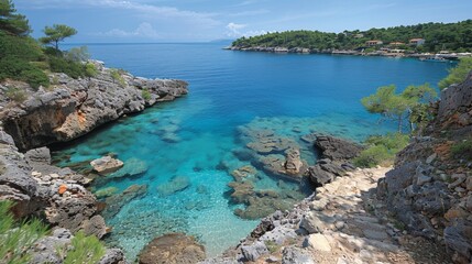 Serene View of a Vibrant Mediterranean Cove with Crystal Clear Waters and Rugged Rocky Coastline on a Sunny Day