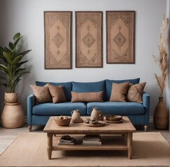 Rustic coffee table near blue sofa with brown pillows against wall with two poster frames. Boho ethnic home interior design of modern living room