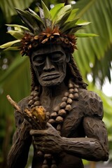 Obraz premium Carved wooden statue of a tribal figure with a headdress of leaves and flowers