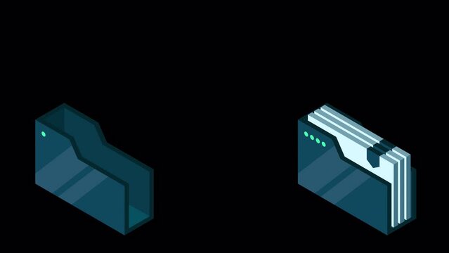 File transfer animation. Document transferring between folders. Concept for remote connection between two folders. Data backup. Isometric cloud technology. Transparent background with alpha channel