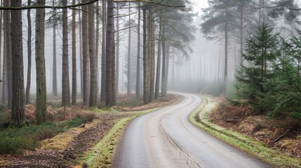 Fototapeta premium The winding road through a misty forest creates a serene and mysterious atmosphere, inviting a journey into the unknown amidst towering pine trees