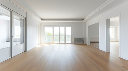 Living room interior with white walls and laminate floor with door leading to balcony. Generative Ai