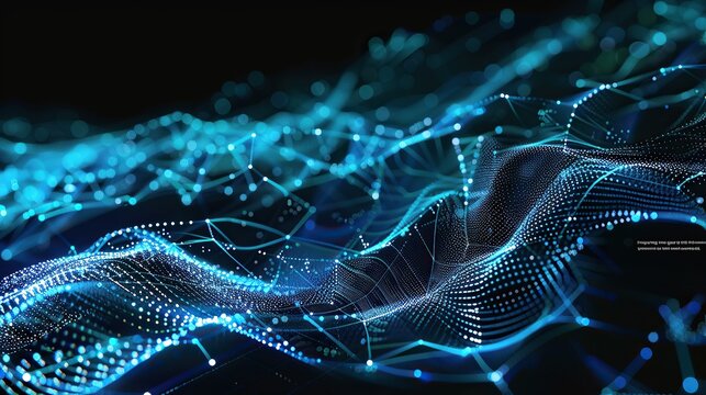 An intricate digital mesh of electric blue and cyan connections on a black background resembling a high-tech ocean wave meticulously designed to include a text box in the lower right corner