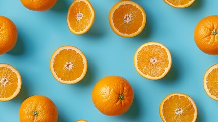 Tiled pattern of whole and sliced oranges, isolated on a bright cyan background, captured from above with studio lights