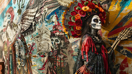 Fototapeta premium La Llorona against halloween mural with copy space.