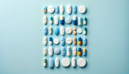 水色の背景にカラフルな錠剤とカプセル。上面図｜Colorful pills and capsules on a light blue background. Top view.