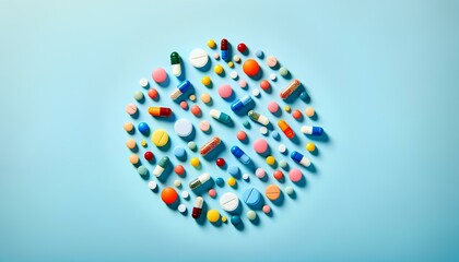 水色の背景にカラフルな錠剤とカプセル。上面図｜Colorful pills and capsules on a light blue background. Top view.