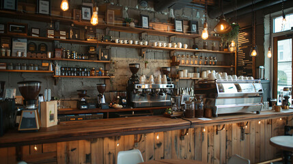 Naklejka premium Interior design of cafe with wooden vintage style, decorated with warm and cozy tones, classic old wood round counter and coffee machinery