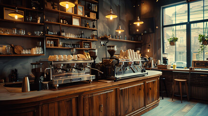 Interior design of cafe with wooden vintage style, decorated with warm and cozy tones,  classic old wood round counter and coffee machinery