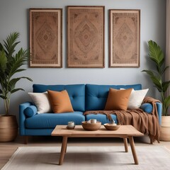 Rustic coffee table near blue sofa with brown pillows against wall with two poster frames. Boho ethnic home interior design of modern living room