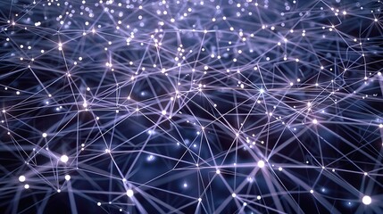 Fototapeta premium An intricate network of silver and white lines connecting scattered light points on a dark indigo background forming a galaxy-like plexus structure with a clear unobstructed area for text
