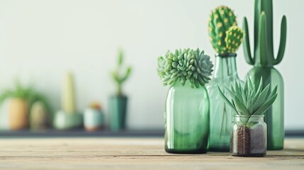 Minimalistic still life with green glass vase and mini cactus plants. Generative Ai
