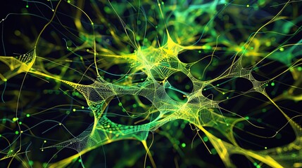 An intricate web of bright yellow and green connections forming a lively energized plexus on a black canvas with a dedicated text-friendly zone in the lower center for impactful messaging