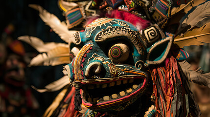 Naklejka premium close up Mexican folklore characters costume on dark background with copy space.