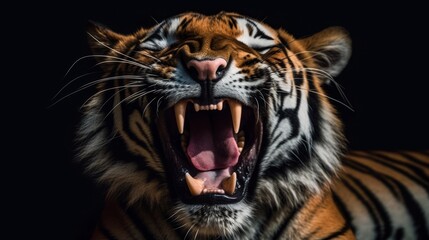 Fierce tiger roaring in the dark