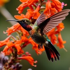 Vibrant hummingbird in flight near colorful flowers