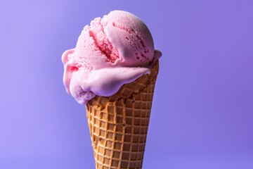 Delicious pink ice cream scoop in waffle cone