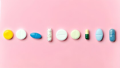 Colorful pills and capsules on a pink background. Top view.｜ピンクの背景にカラフルな錠剤とカプセル。上面図