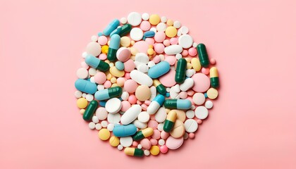 Colorful pills and capsules on a pink background. Top view.｜ピンクの背景にカラフルな錠剤とカプセル。上面図