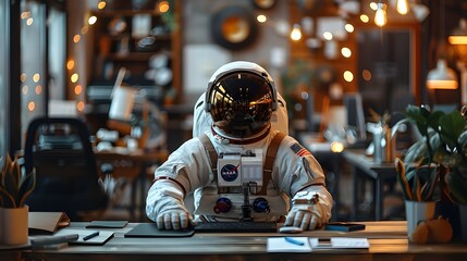 Funny astronaut working at stylish office, modern contemporary futuristic, 3d rendering digital art, humorous background wallpaper, astronomy office worker businessman.