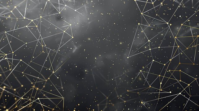 An intricate web of gold and silver lines connecting scattered dots across a deep charcoal grey background creating a sophisticated network with a clear space for text in the center