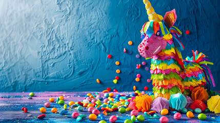 colorful pinata filled with candies and treats on blue wall background with copy space for Cinco de Mayo background.