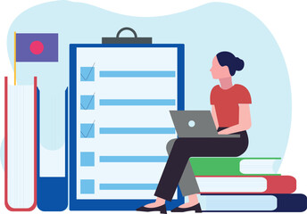 The girl is looking at the list.