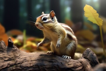 Curious chipmunk exploring autumn leaves