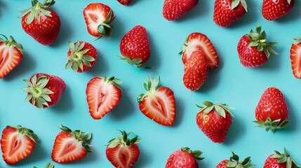 Studio-lit close-up of whole and sliced strawberries creating a playful pattern, contrasting beautifully against a bright Stream Blue Calm backdrop