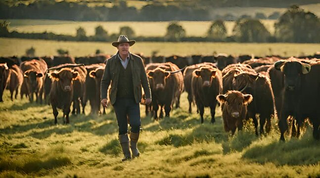 Farmer und eine Herde Galloway Rinder
