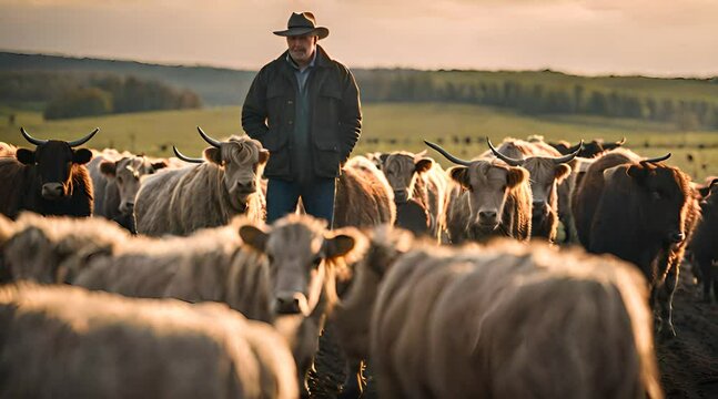 Farmer und eine Herde Galloway Rinder