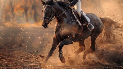 Shimmering black coat of a horse galloping through the arena, reins pulled tight as the rider maintains control, dust swirling