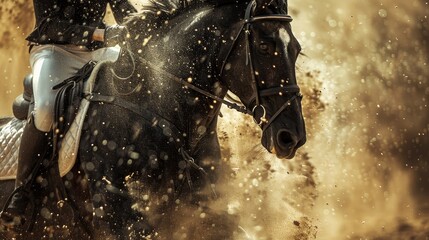 Rider holding firm reins on a glossy black horse, its shimmering coat shining amidst a dusty arena,...