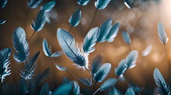 Federn fliegen durch die Luft |K&uuml;hles bl&auml;uliches Licht