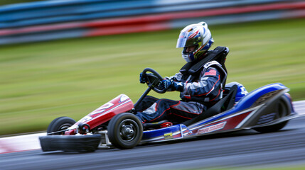 man going karting on a track at full speed with helmet in driver suit