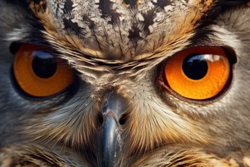 Closeup of an owl's face with striking orange eyes and detailed feather patterns