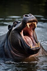 Ferocious hippopotamus with open mouth in water