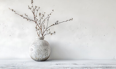 Frame a twig in a rustic vase against a backdrop of white, minimalist home interior