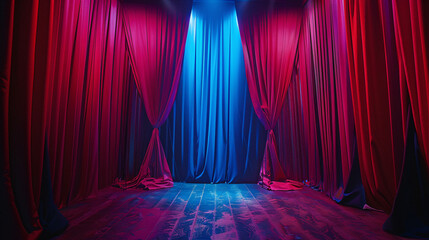 Rich blue and crimson curtains encircle an empty stage.