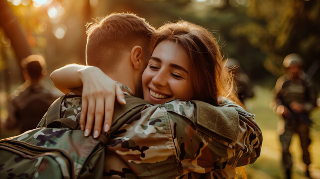 cheerful black male soldier man in camouflage uniform hugging his girlfriend. Military husband came back from army, embracing his loving wife, finally together.