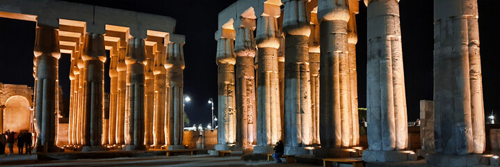 Peristyle Court of Amenhotep III with two row of columns with papyrus bundle capitals with night...