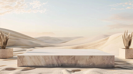 square podium with desert and sand dune background for display product