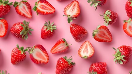 Playful arrangement of strawberry slices and whole strawberries on a bright pink pastel background, studio-lit and shot from above