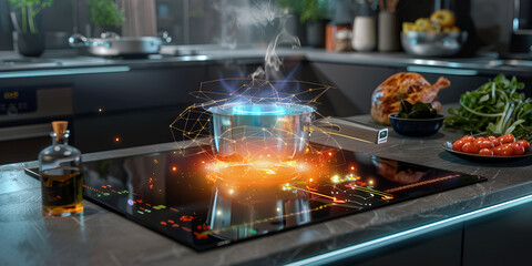 High-Tech Induction & Smart Kitchen Revolution, Futuristic Kitchen with Smart Cooking Technology and Holographic Pot, High-Tech Kitchen with Induction Stove and Digital Cooking Interface