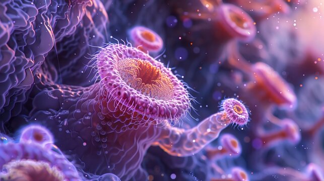 Parasitic protozoa species clinging to host cell interiors under the microscope, detailed close-up showcasing cellular structure