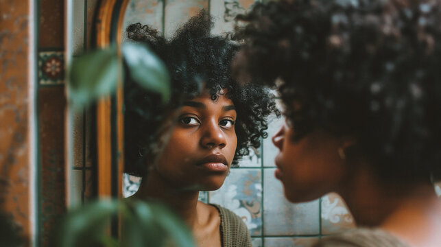beautiful african american woman looking at reflection in bathroom mirror - Powered by Adobe