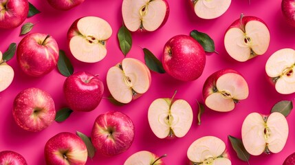 Overhead close view of apples in fun arrangements, slices and whole, placed against a vivid magenta background, isolated and lit well