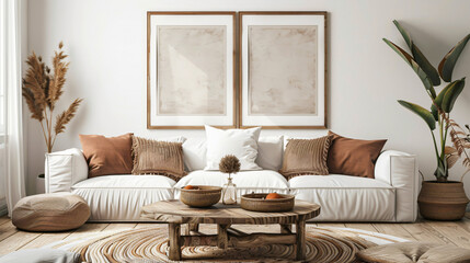 Rustic coffee table near white sofa with brown pillows against wall with two poster frames. modern living room