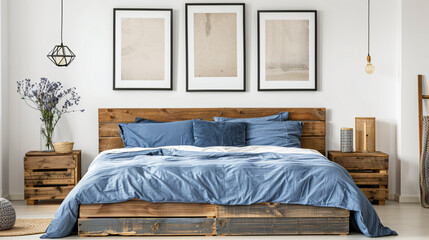 Rustic wooden bed with blue pillows and two bedside cabinets against white wall with three posters frames. 
